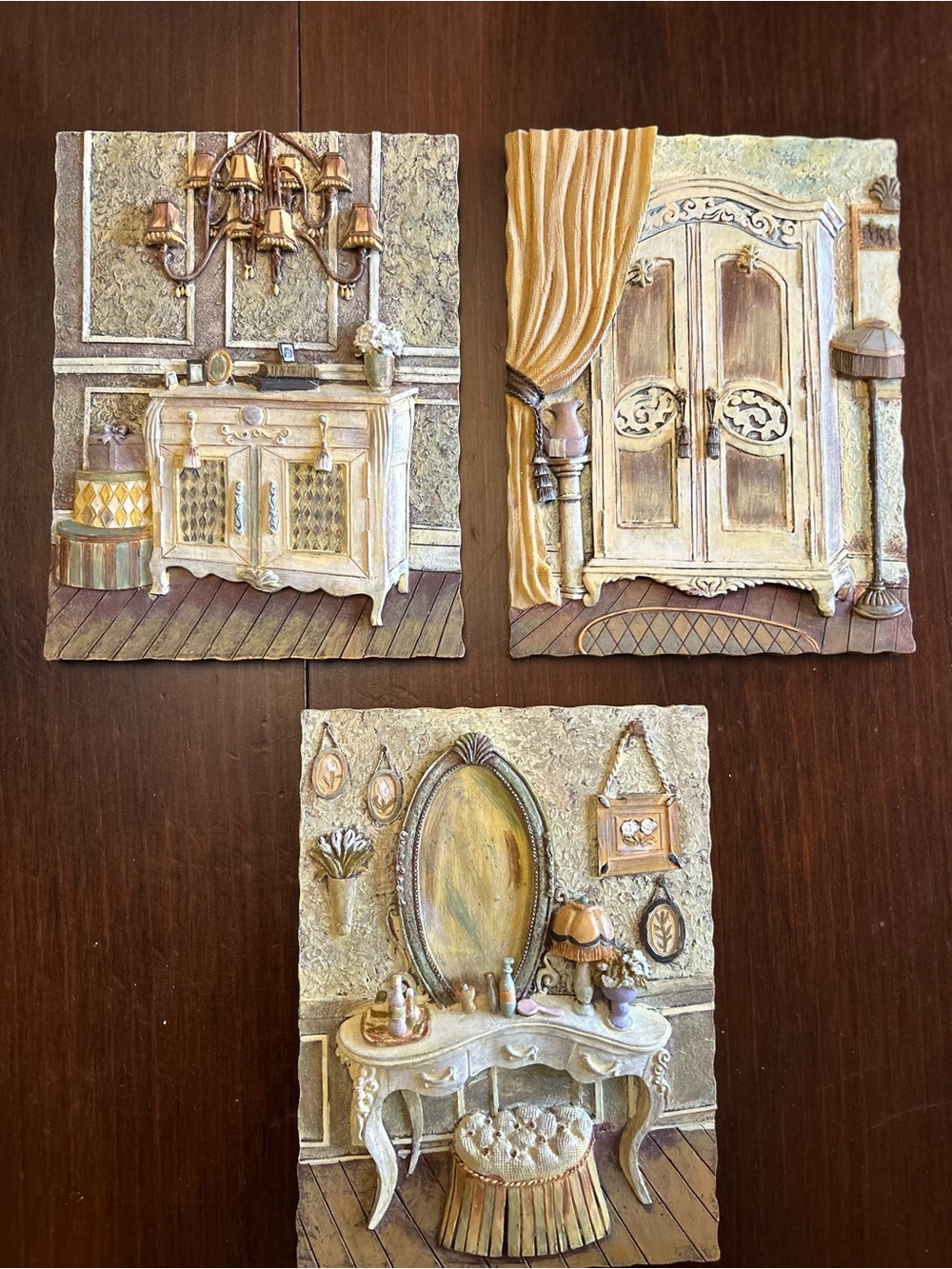 Handcrafted 3D Wall Plaque Set in Cream and Gold -